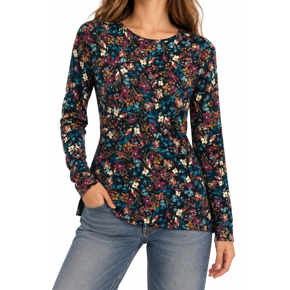 J. Jill Simply Supima Cotton Floral Crew Tunic Top Small Fall Natural Fibers
